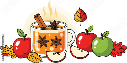 Hot Apple Cider With Cinnamon Sticks Star Anise Apples And Autumn Leaves In Soft Light