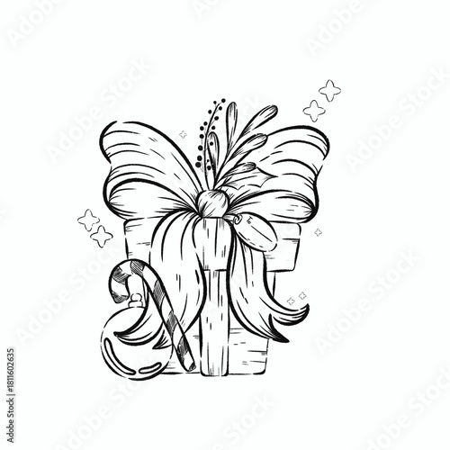 А festive Christmas box filled with holiday cheer, decorated with a beautiful bow, candy cane, and sparkling ornament. Perfect for greeting cards, party invitations, gift tags,and seasonal merchandise