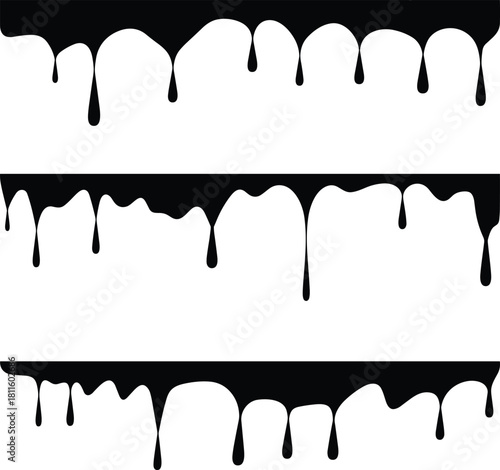 Set of three horizontal black dripping paint borders, melting liquid drops, and flowing ink silhouettes isolated on white background, abstract vector illustration design