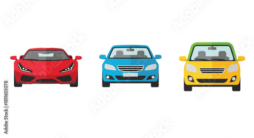 Three colorful cartoon cars are displayed in a row front view