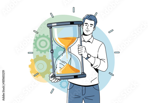 Smiling project manager holds a big sand clock with gear background illustration, concept for deadline management, project execution and time sensitive ventures