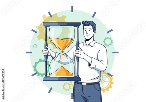 Cartoon illustration of a manager holding an hourglass with gears background. Concept for deadline management, project planning and time optimization strategy by top management