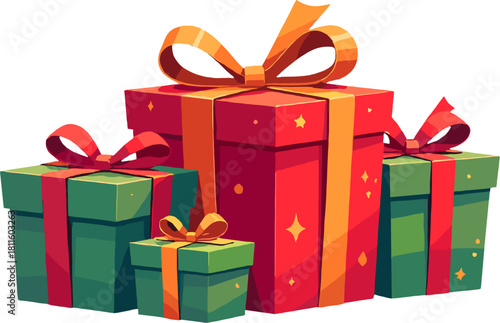 Big colorful Christmas gift boxes tied with festive bows, bold holiday present illustration ideal for greeting cards, packaging, winter crafts and celebratory seasonal artwork