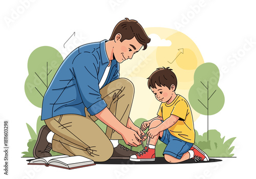 Illustration of a father helping his son tie his shoelaces outdoors with nature background, concept for parenting skills development, childhood memories and family bonding moments