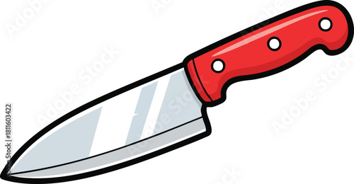 Cartoon Chef Knife With Red Handle Silver Blade Isolated On White Background Kitchen Utensil