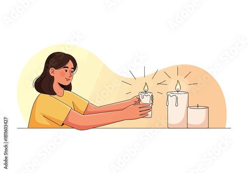 Illustration of a woman holding a burning candle in her hands with other candles nearby, concept for meditation practice, relaxation ritual and aromatherapy session