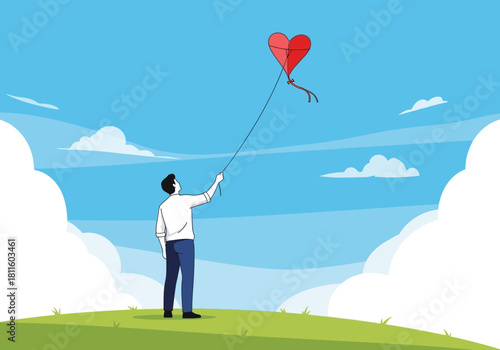A man flying a heart shaped kite on a green hill under a blue sky, concept for romantic gestures, expressing emotions and symbolic representations