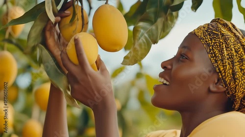 A smiling woman, wearing a headscarf and a yellow shirt, examines ripe mangoes on a tree branch, reveling in the harvest and its potential prosperity.