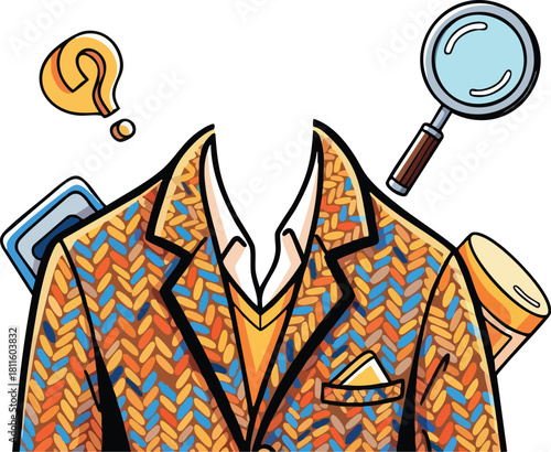 Quirky Suit With Magnifying Glass And Question Mark Represents Mystery And Investigation