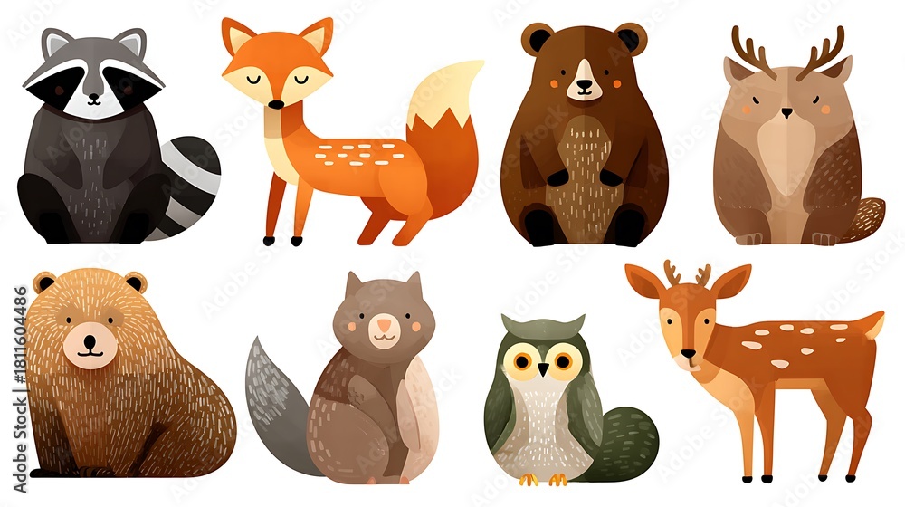 Fototapeta premium Cute woodland animals isolated on white background