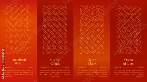 Asian seamless pattern collection in red and gold oriental style. Seamless red and gold geometric waves, clouds, and circular motifs for lunar celebration and luxury oriental background design
