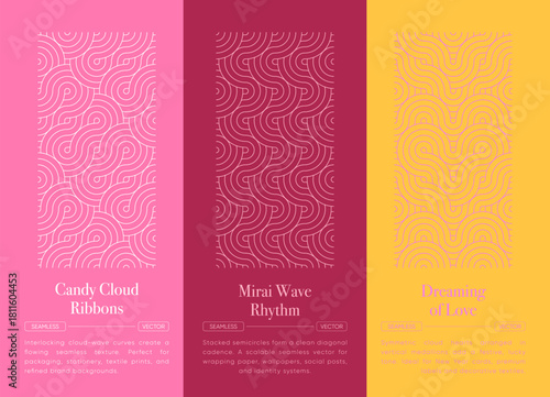 Romantic Asian seamless pattern pack with cloud waves and rhythmic curve. Seamless Japanese pink and gold wave pattern for valentine love decoration and romantic valentine wrapping design