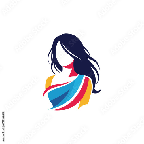 Modern vector icon of an elegant woman with flowing hair, wearing a vibrant, colorful traditional saree, symbolizing beauty and fashion