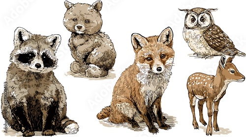 Illustration of a group of woodland animals isolated on white background