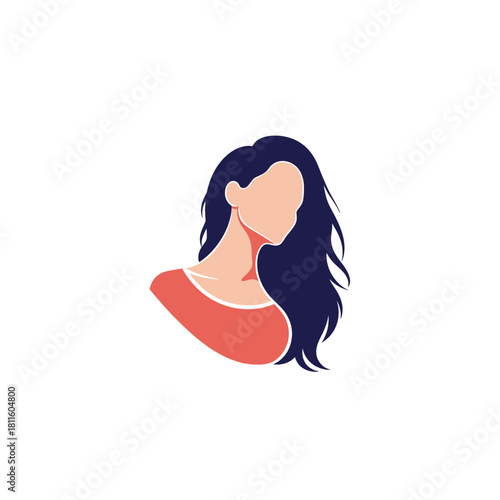 Stylized graphic illustration of a woman's head and shoulders with flowing dark hair