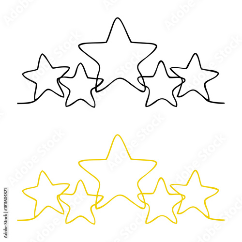 Grupo de dibujos de línea continua con 5 estrellas doradas y de color negro 