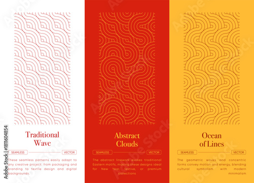 Oriental Seamless Wave Pattern Set in Elegant Traditional Japanese and Chinese Geometric asian style.