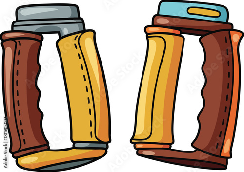 Two Bicycle Handlebar Grips Brown Yellow and Blue Colors on White Background Detailed Illustration