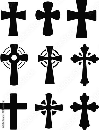 Collection of Christian cross silhouettes, religious symbols set, black vector icons, Celtic and Latin crucifix shapes, isolated on white background