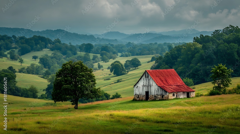 Obraz premium Picturesque landscape featuring an old barn with a red roof nestled in rolling green hills under a cloudy sky, capturing the essence of rural charm