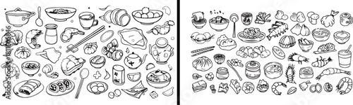 Asian Food Illustration, Traditional Dish Drawing, Japanese Cuisine Vector, Chinese Meal Art, Hand Drawn Food Sketch, Minimal Kitchen Design, Restaurant Menu Illustration, Black and White Food Vector,