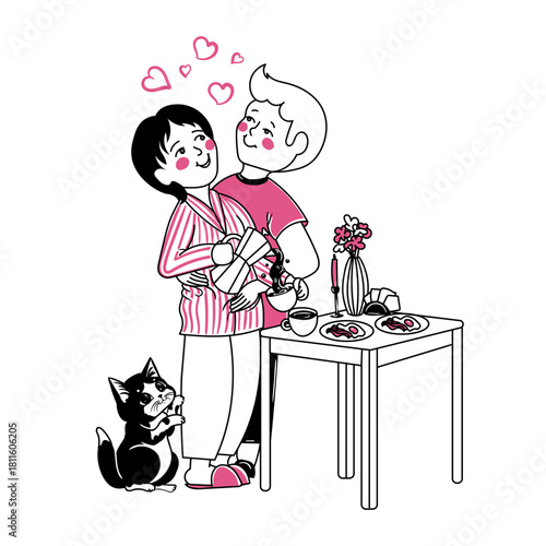 Vector illustration of a morning scene with a couple in love. Valentine's Day print: breakfast in pajamas. Family comfort