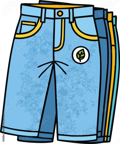 Collection Of Light Blue Denim Shorts With Yellow Trim And Leaf Logo Detail