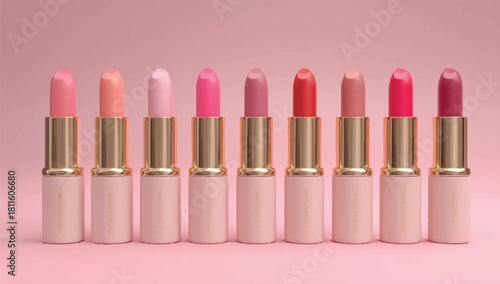 Beautiful assortment of lipsticks in various shades arranged on pink background