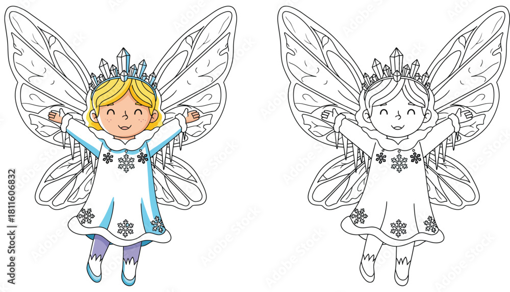 Fototapeta premium Cute winter fairy girl wearing ice crown and wings Vector cartoon illustration of a snow princess Coloring book page outline