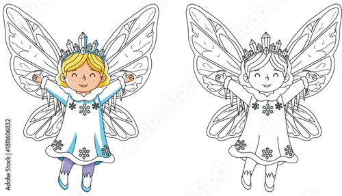 Cute winter fairy girl wearing ice crown and wings Vector cartoon illustration of a snow princess Coloring book page outline