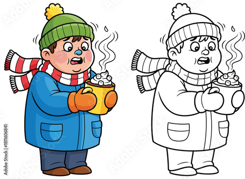 Freezing cartoon boy holding hot chocolate mug with marshmallows Vector illustration of a kid in winter clothes shivering