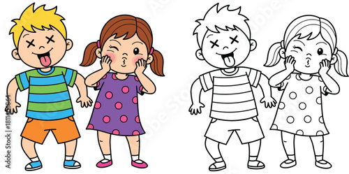 Funny cartoon boy and girl making silly faces Vector illustration of naughty kids playing.