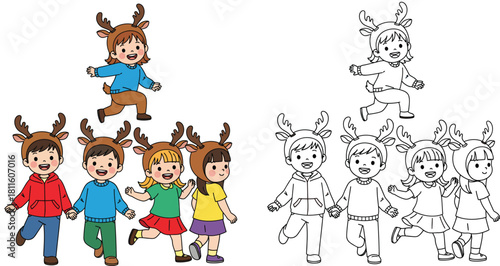Happy cartoon kids wearing Christmas reindeer antler hats marching and playing Vector illustration of children in holiday costumes