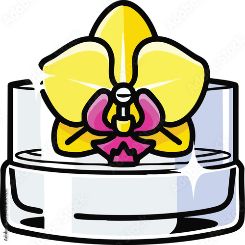 Yellow Orchid Flower in Glass Container with Sparkles