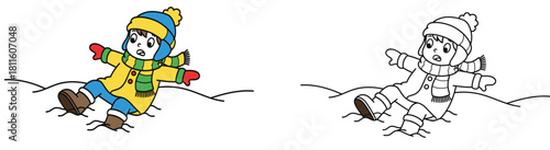 Surprised cartoon boy slipping and falling in the snow. Vector illustration of a kid in winter clothes Coloring book page outline and colored version.