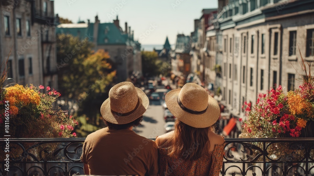 Obraz premium Couple in straw hats gazing upon a colorful European city from a balcony