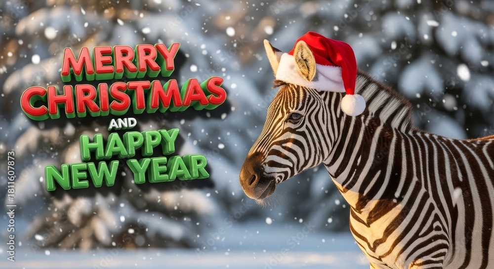 Obraz premium Festive Zebra Christmas Celebration - A zebra wearing a Santa hat stands in a snowy scene wishing Merry Christmas and Happy New Year