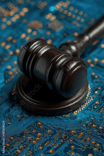 Wooden Gavel on Circuit Board: Cyber Law and Digital Justice Concept