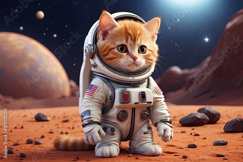 Cute cartoon cat in a space suit on Mars