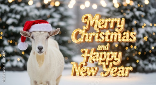 Goat Wishes a Merry Christmas - A festive goat wearing a Santa hat stands next to golden Merry Christmas and Happy New Year text in a snowy, bokeh-lit winter scene