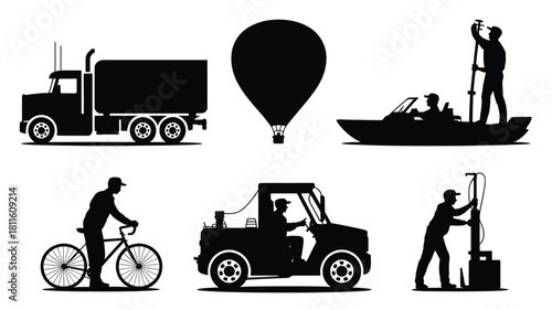 Silhouettes of transport, work, and leisure