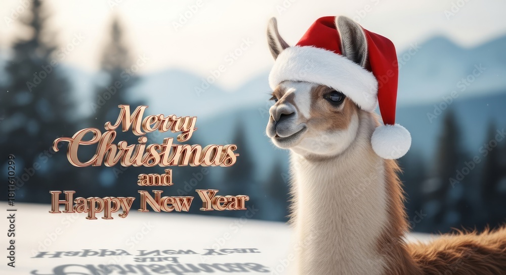 Naklejka premium Llama in Santa Hat New Year Greeting - A cute llama wearing a Santa hat stands in the snow, with a 
