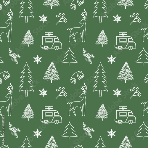 Seamless vector pattern for Christmas and New Year. White linear winter elements isolated on a green background. Endless texture for wrapping paper, wallpaper, web banner backgrounds, or textiles.