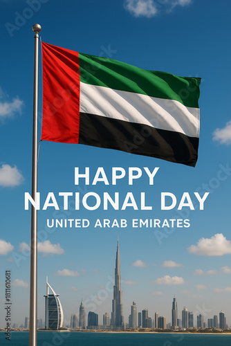 UAE Flag Waving Above Dubai Skyline – National Day Celebration Poster