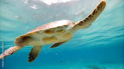 Green sea turtle gracefully swimming through crystal clear turquoise ocean waters with sunlight filtering down