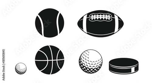 Black and white illustrations of various sports balls and equipment