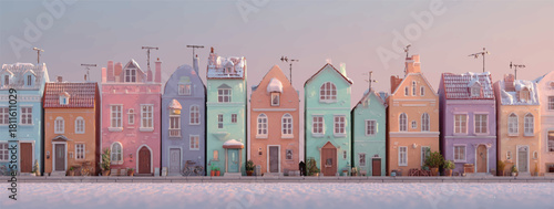 Charming Colorful European Townhouses Covered in Snow Winter Illustration