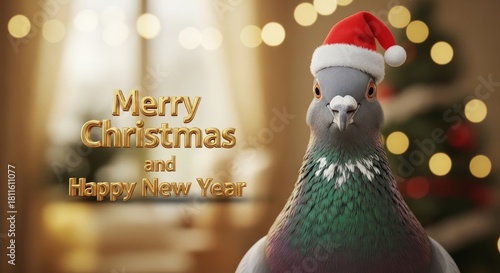 Pigeon Celebrates Christmas and New Year - A pigeon wearing a Santa hat wishes everyone a Merry Christmas and a Happy New Year in a festive holiday setting with a Christmas tree
