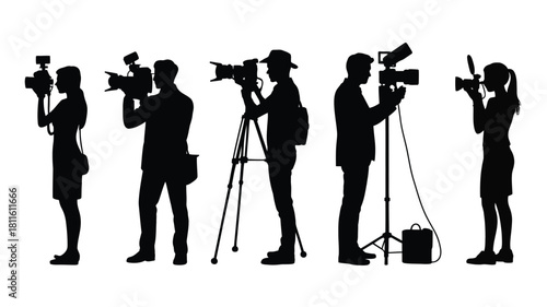 Professional camera crew silhouettes set