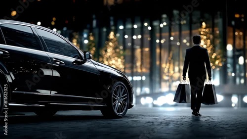 Wallpaper Mural Night scene with a sleek car at curbside; a traveler with rolling bag passes festive lights tonight Torontodigital.ca